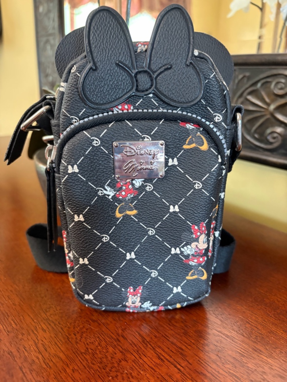 Disney Black Minnie Mouse Print Crossbody with Ears and Bow